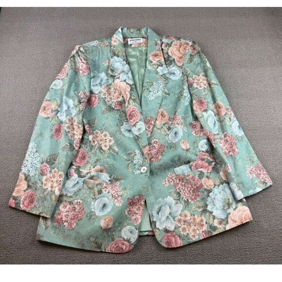 Alfred Dunner Women's 14 Floral Green Blazer Made In USA Pink Blue Roses - Picture 1 of 9